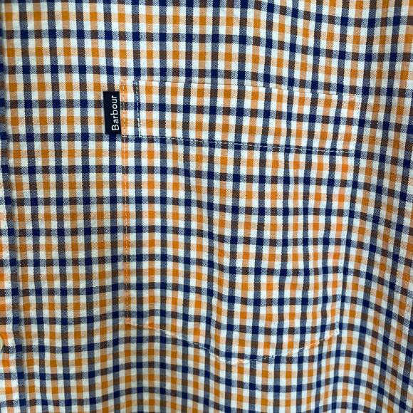 Barbour Short Sleeve Button Down Shirt Orange Blue Check Preppy Cotton M - Picture 3 of 6